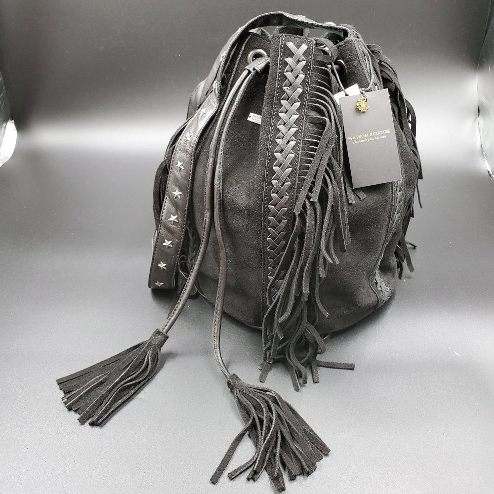 Maison Scotch Pioneer Black Suede Fringe Bag